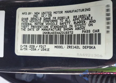 2010 Toyota Corolla S из США, поврежденный, VIN 1NXBU4EEXAZ319372